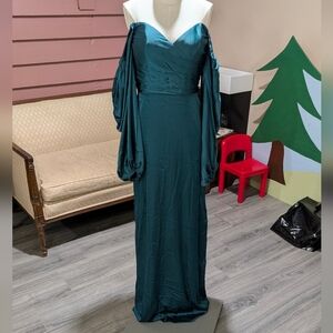 Teal Satin Balloon Sleeve Fitted Gown